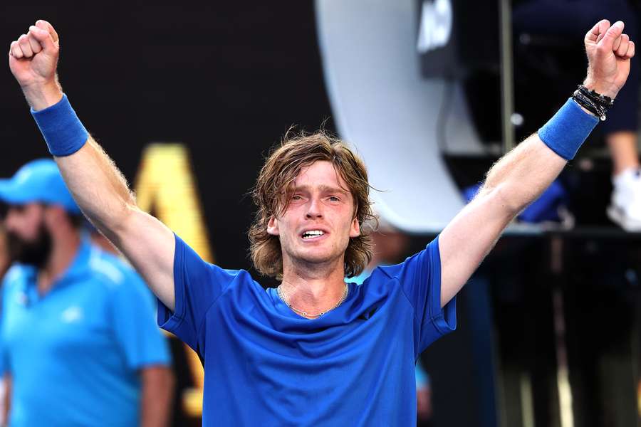 Russia's Andrey Rublev celebrates after victory against Denmark's Holger Rune