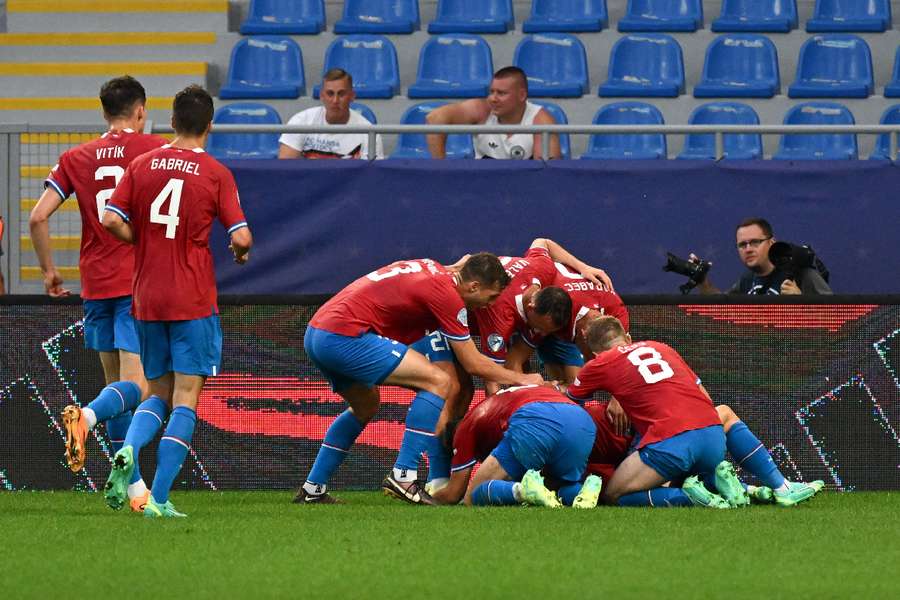 Czech players celebrate their goal