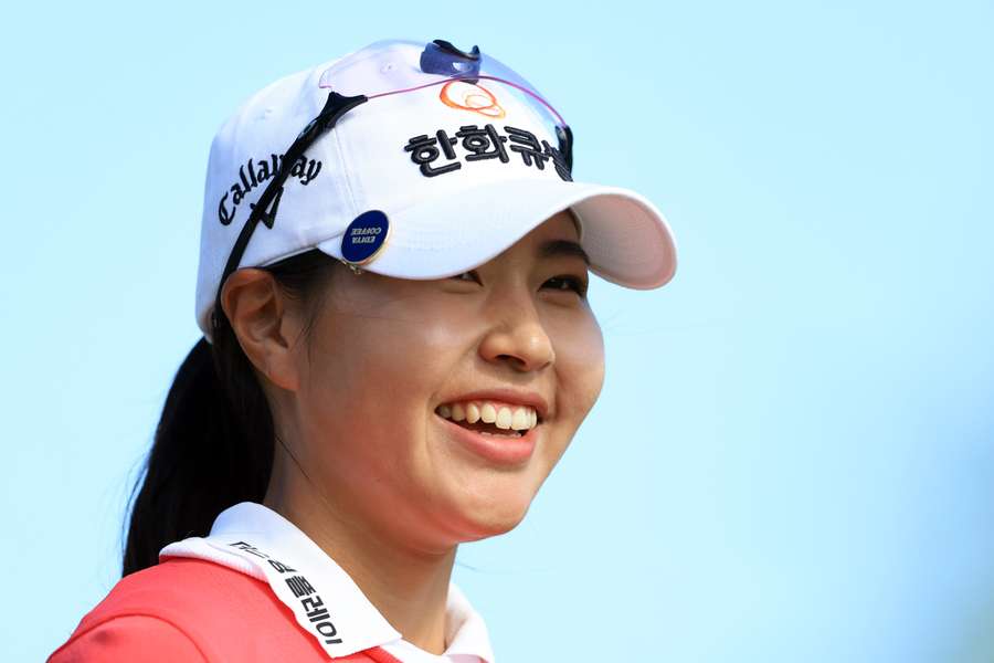 Sung Yu-Jin smiles as she waits to hit her first shot on the 15th hole at the Lotte Championship