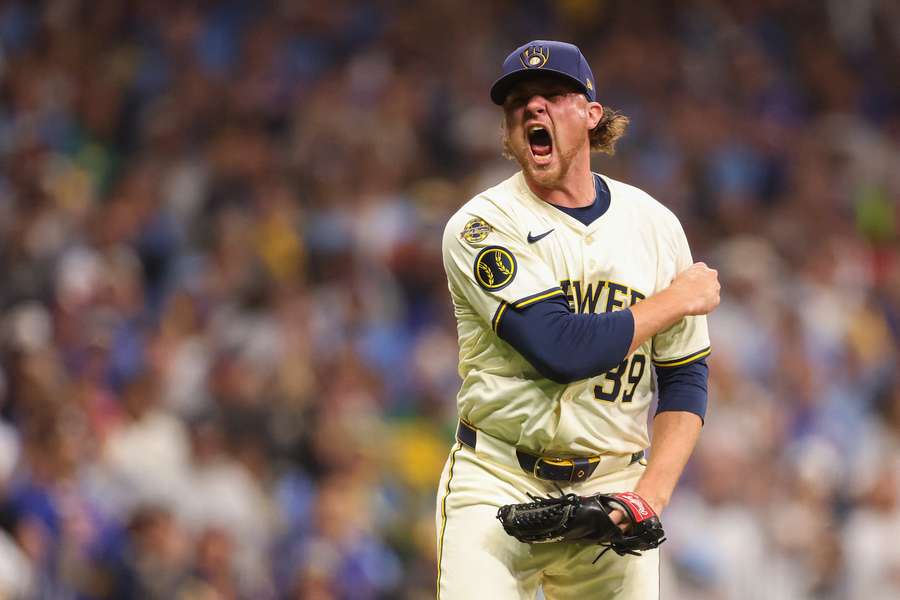 Brewers pitcher Chad Patrick reacts after a strikeout in Game 5 of the NLDS against the Chicago Cubs