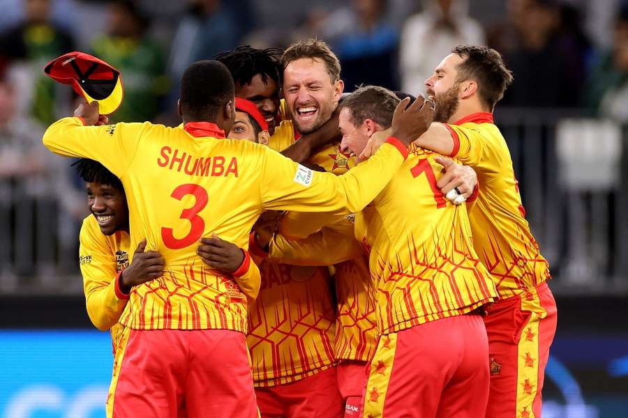 Zimbabwe's players celebrate their thrilling win in Perth