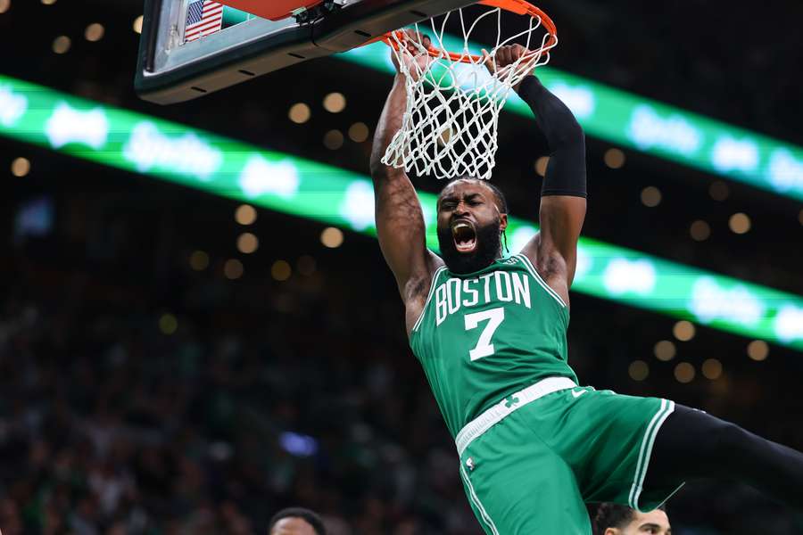 Jaylen Brown of the Boston Celtics dunks against Miami Heat