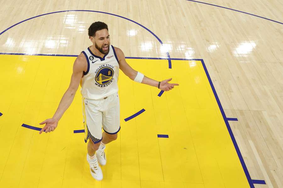 Golden State's Klay Thompson reacts during the Warriors' 127-100 victory over the Los Angeles Lakers in Game 2