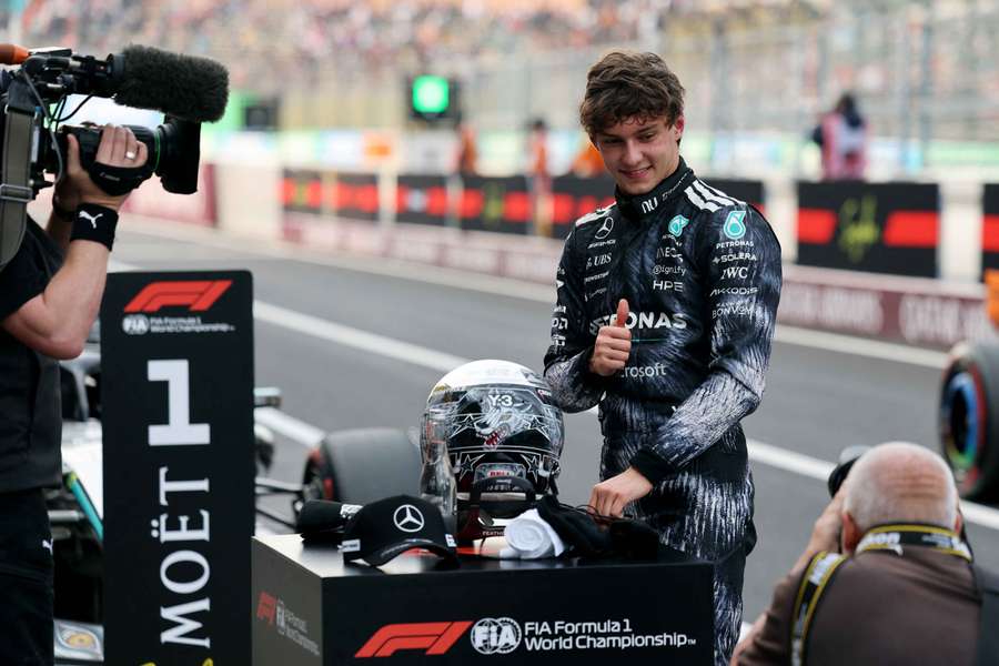 Mercedes' Andrea Kimi Antonelli celebrates after qualifying in pole position