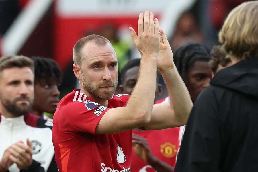 Manchester United's Christian Eriksen applauds supporters after playing his final game for United 