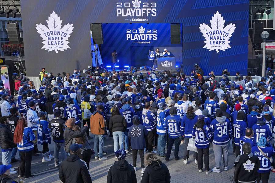 Maple Leafs fans gather in Maple Leafs Square before game two of the first round of the Stanley Cup play-offs