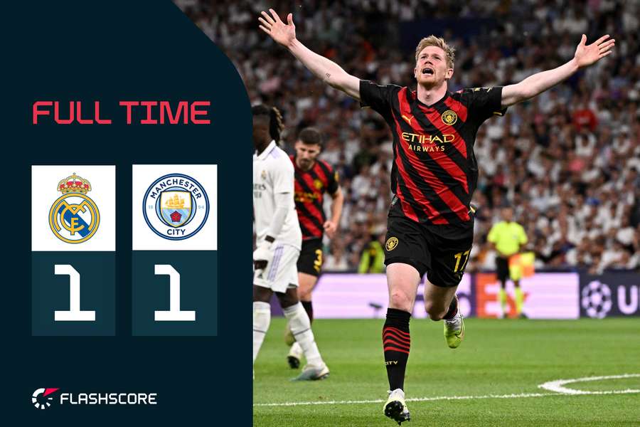 Kevin De Bruyne celebrates his equalising goal as Man City earn a valuable draw in Madrid