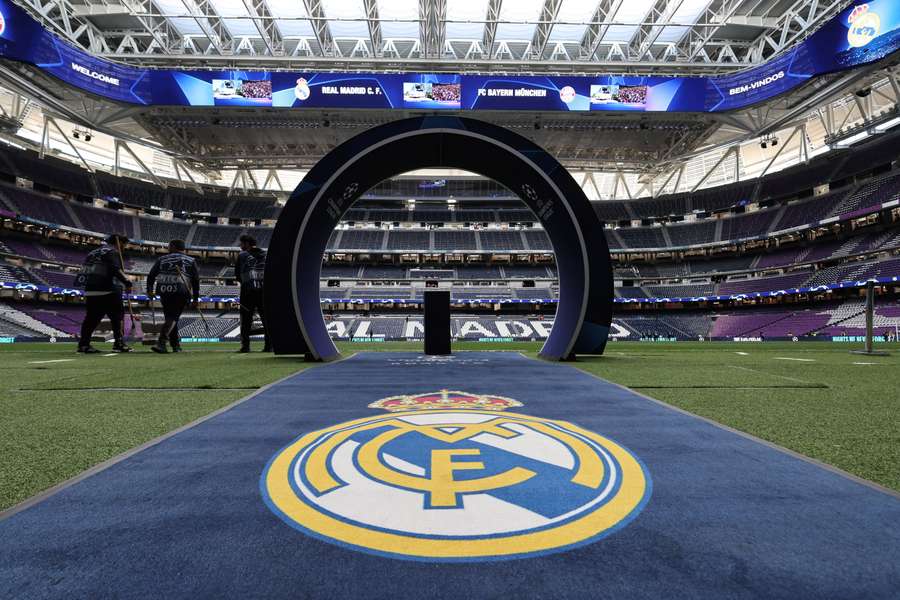 Real Madrid's badge is seen ahead of the UEFA Champions League semi-final second leg football match between Real Madrid and Bayern Munich 