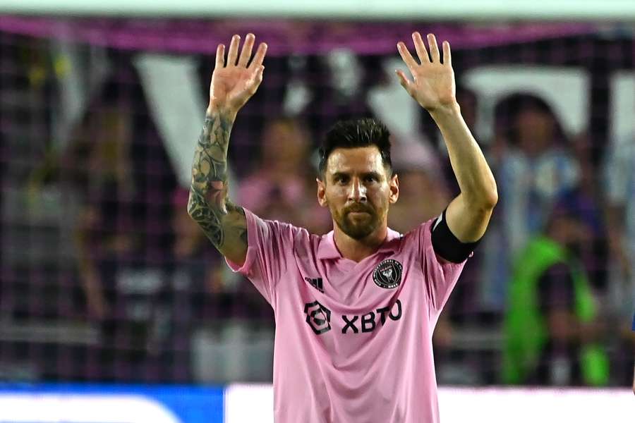 Inter Miami's Argentine forward Lionel Messi celebrates defeating Liga MX's Cruz Azul during their Leagues Cup Group J football match