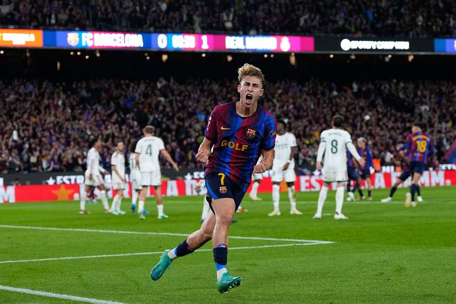Barcelona's Fermin Lopez celebrates a goal against Real Madrid Barcelona's Fermin Lopez celebrates a goal against Real Madrid