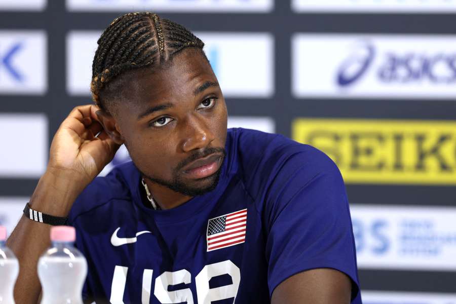 Noah Lyles looks on during a press conference at the World Athletics Championships in Budapest