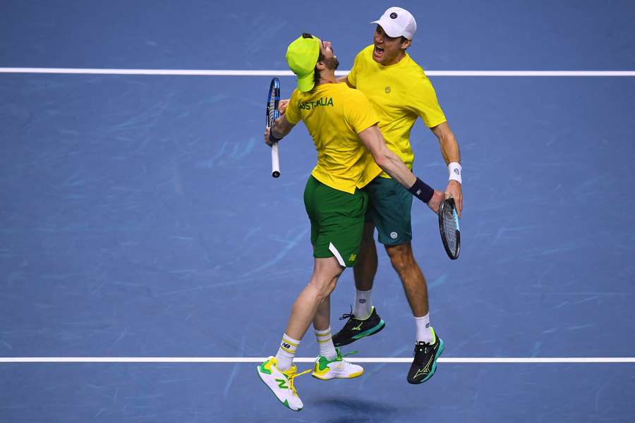 Matthew Ebden (R) and Jordan Thompson celebrate Australia's win over the USA