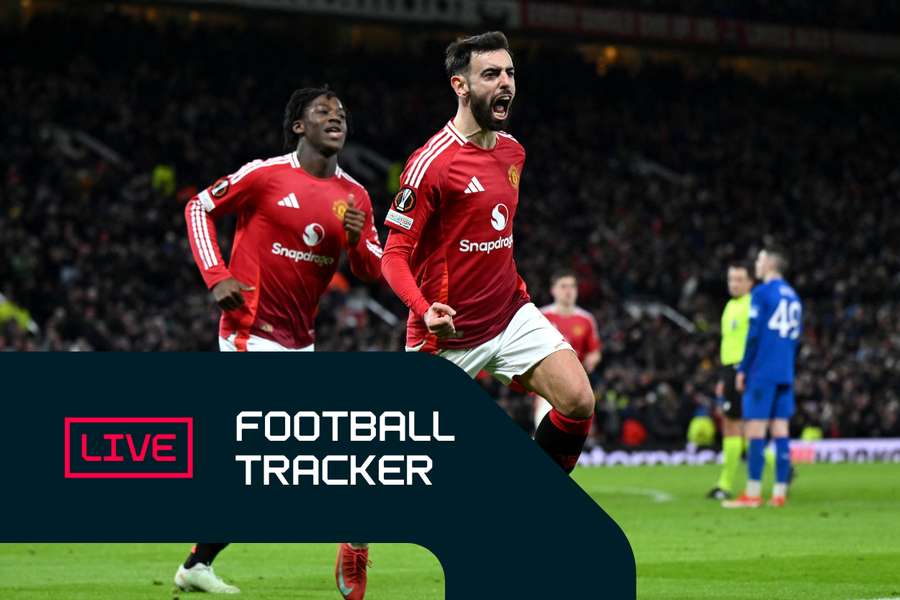 Bruno Fernandes celebrates scoring Man Utd's second goal against Rangers deep into injury time
