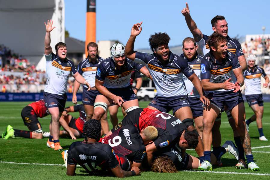 The Brumbies celebrate a try scored by Charlie Cale during their win in Christchurch. The Brumbies celebrate a try scored by Charlie Cale during their win in Christchurch.