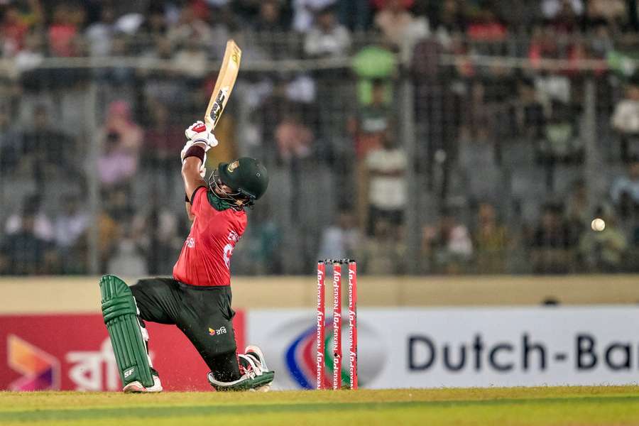 Bangladesh's Parvez Hossain Emon strikes the ball during the first T20I on Sunday.