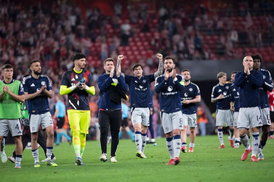 Manchester United celebrate their first leg win in the Europa League semi-finals.
