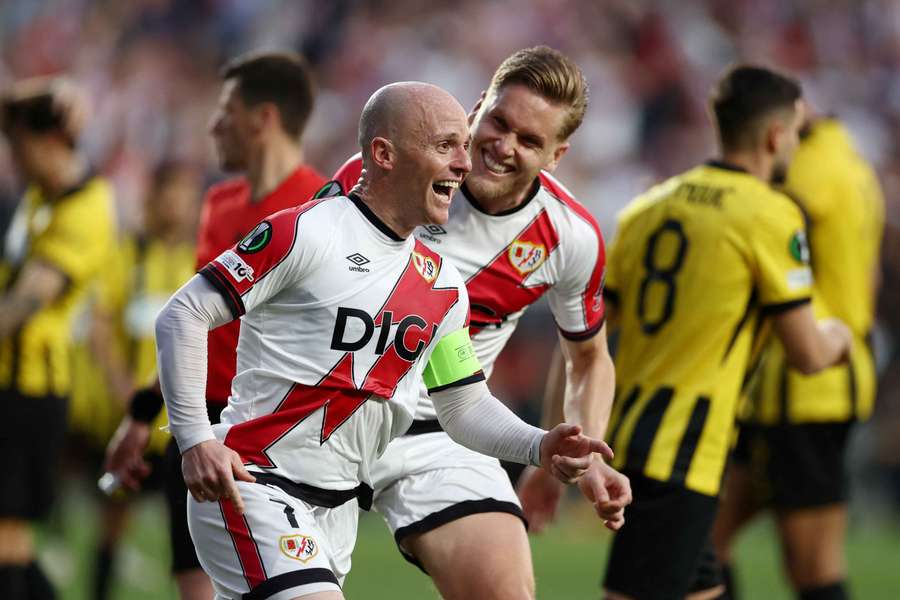 Rayo Vallecano's Isi Palazon celebrates scoring their third goal with Alemao 