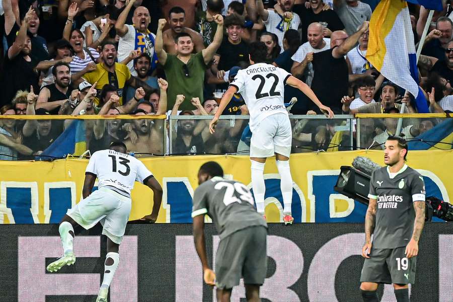 Parma’s Italian forward Matteo Cancellieri celebrates with supporters after scoring 