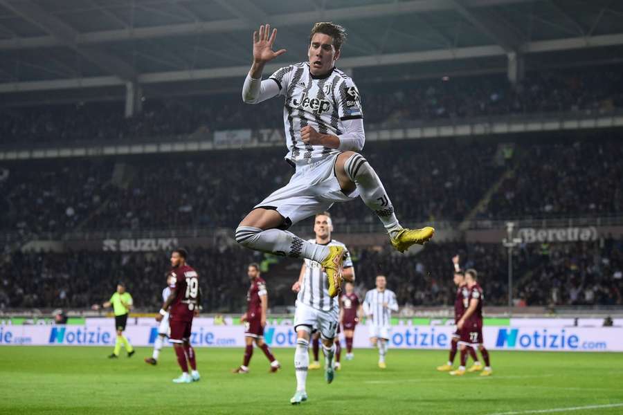 Vlahovic celebrates his goal against Torino