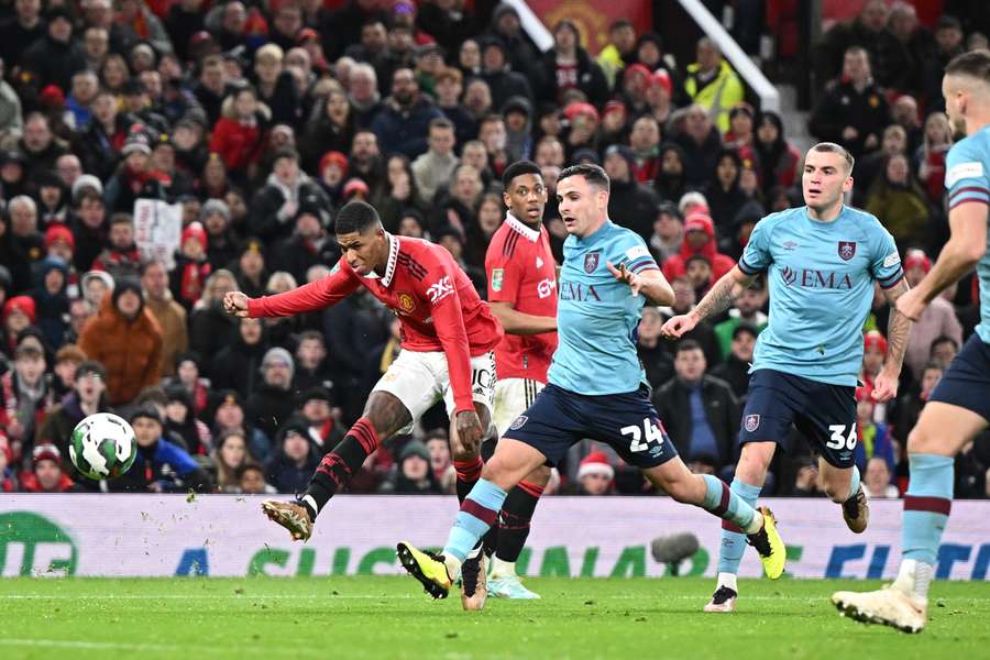 Marcus Rashford scores his team's second goal during the English League Cup fourth round football match between Manchester United and Burnley