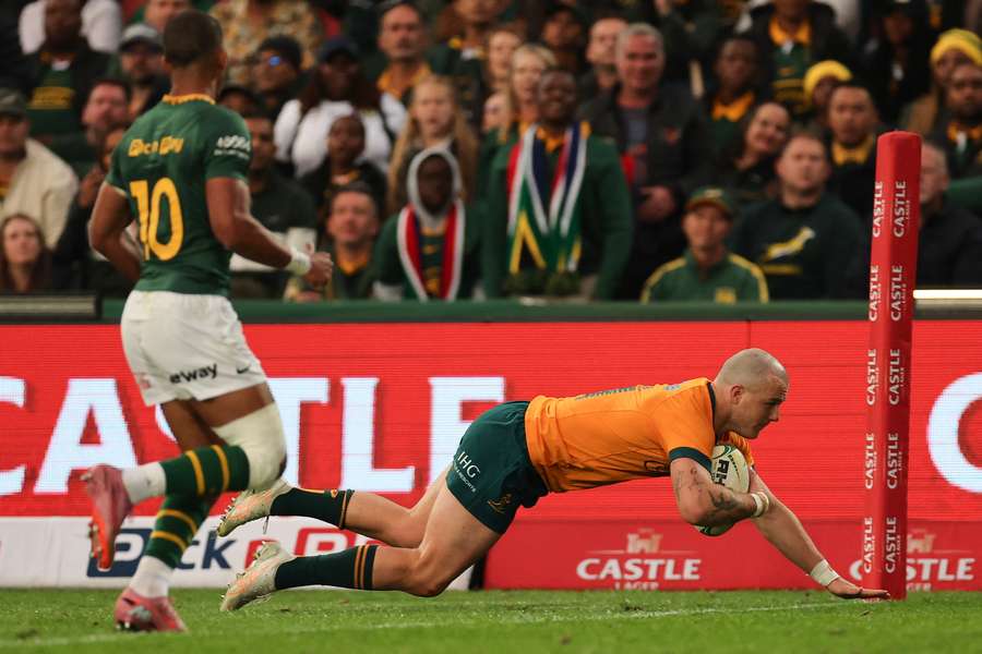 Wallabies' Dylan Pietsch scores against the Springboks at the weekend.