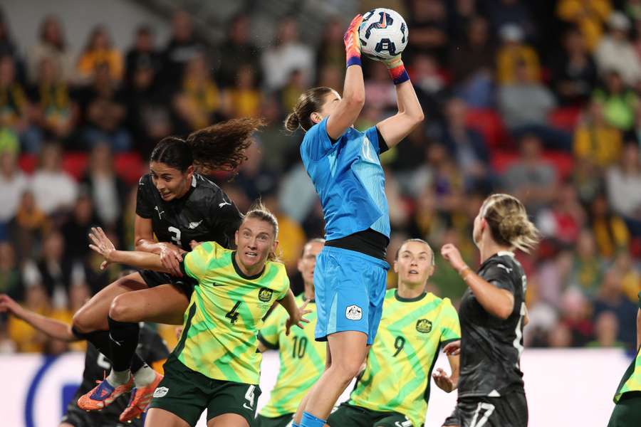 Injured Matildas goalkeeper Teagan Micah in action against New Zealand.