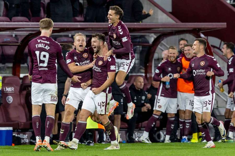 Craig Halkett of Heart of Midlothian celebrates after scoring a last-minute winner