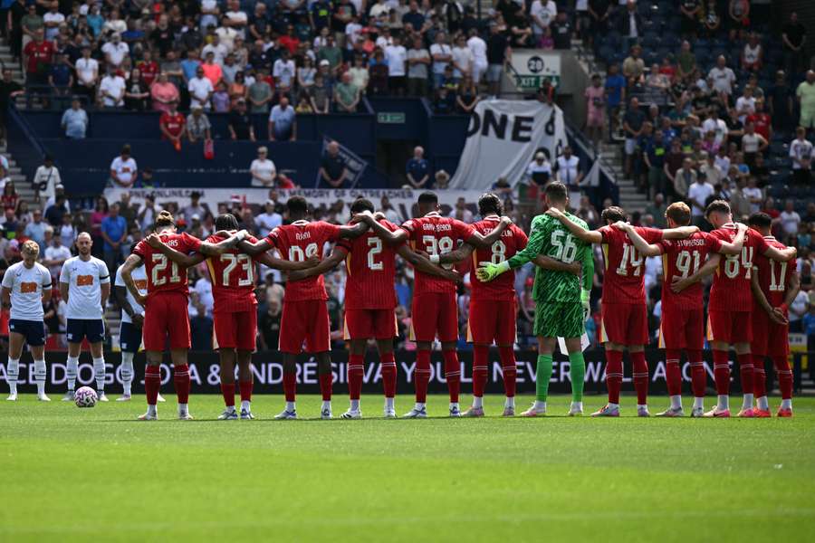 Preston and Liverpool players observe a minute's silence for Diogo Jota ahead of their pre-season friendly on Sunday