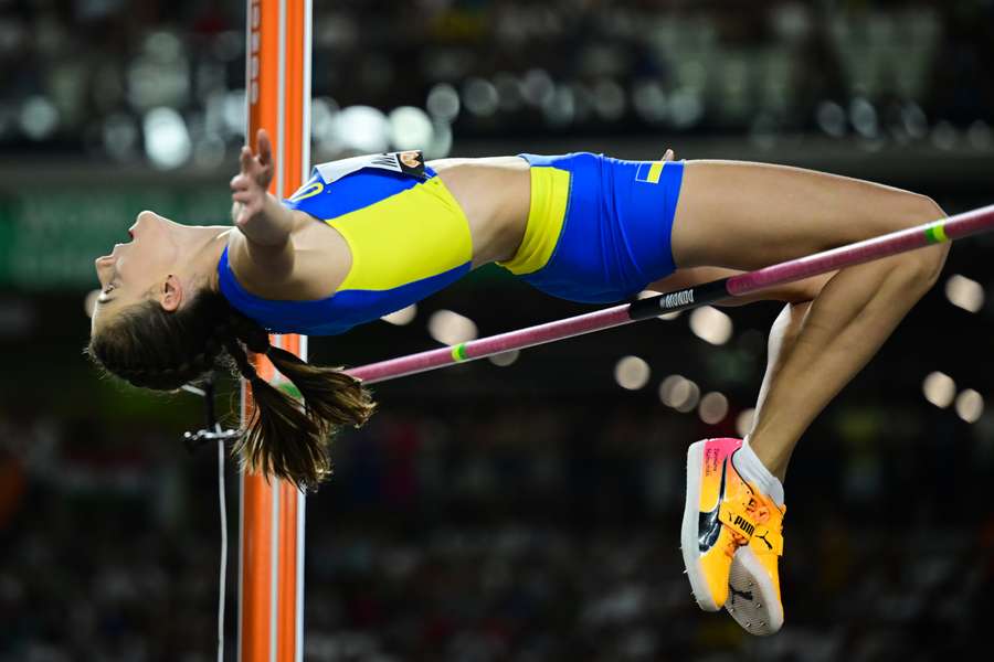 Yaroslava Mahuchikh competes in the women's high jump final