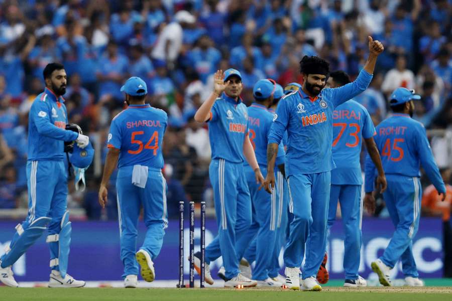 India's Ravindra Jadeja celebrates after taking the lbw wicket of Pakistan's Haris Rauf