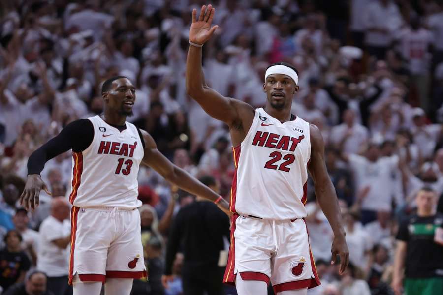 Bam Adebayo (L) and Jimmy Butler in action for the Heat