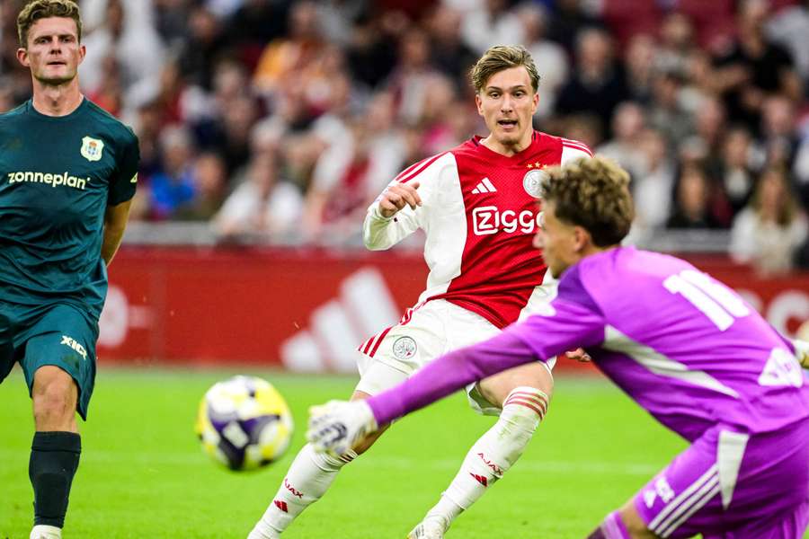 Ajax's Mika Godts scoring the 2-0 against PEC Zwolle