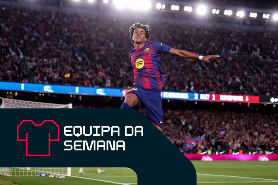 Lamine Yamal comemora o golo do Barcelona