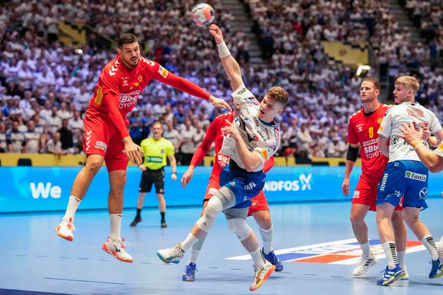 Faroe Islands' Oli Mittun in action during the 2026 European Championship handball match between Montenegro and the Faroe Islands