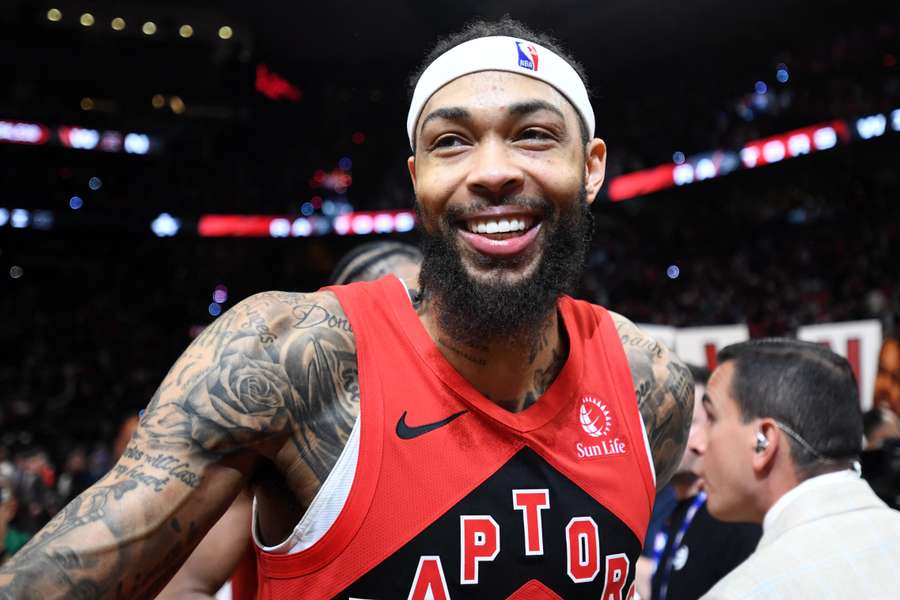 Toronto Raptors forward Brandon Ingram celebrates after a win over the Cleveland Cavaliers in game four