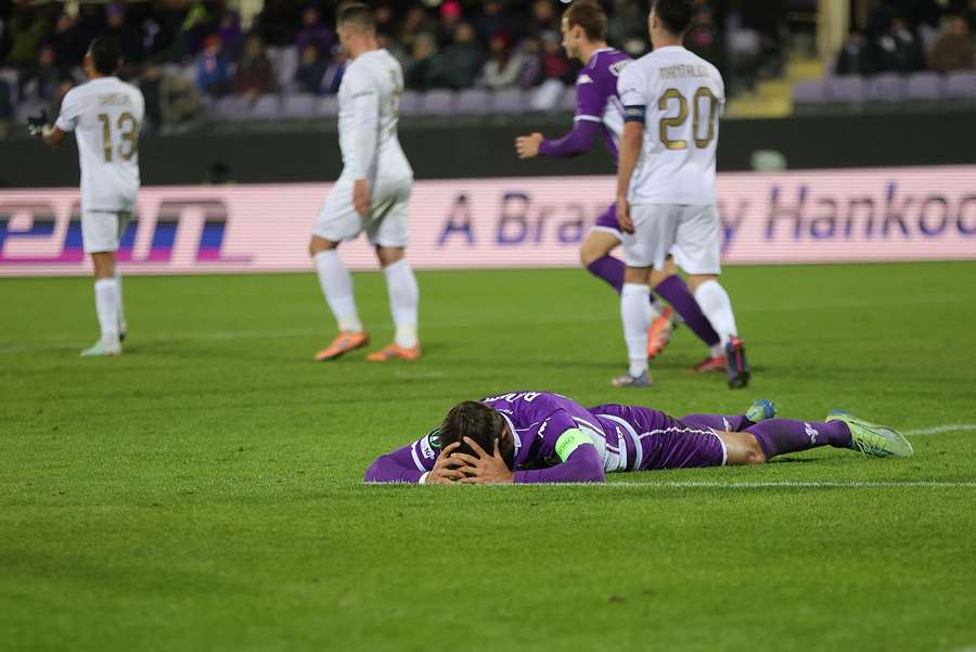 Luca Ranieri of Fiorentina reacts during the loss to AEK Athens