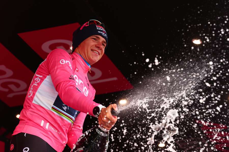 Remco Evenepoel celebrates taking the Giro lead hours before dropping out with Covid