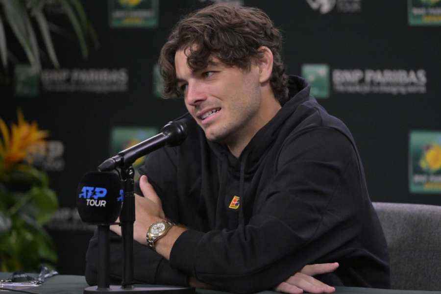 Taylor Fritz speaks during a news conference at Indian Wells