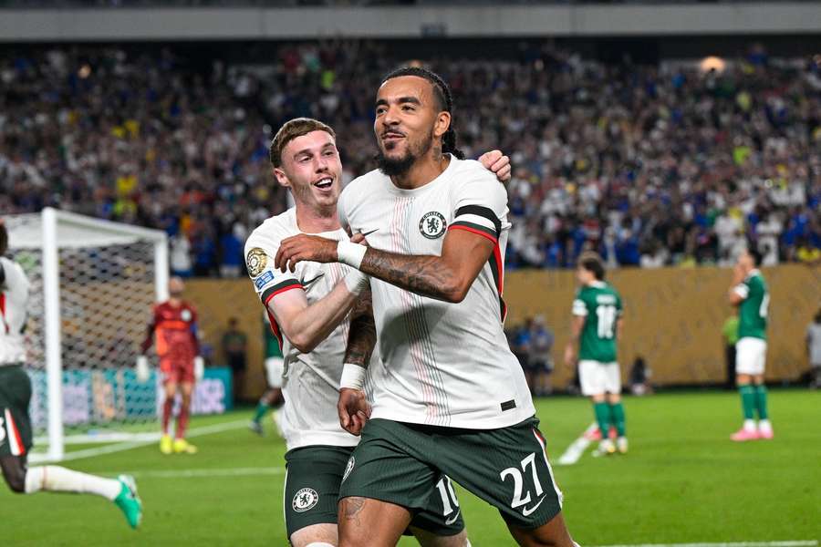Chelsea's Malo Gusto and Cole Palmer celebrate the winning goal during the FIFA Club World Cup match against Palmeiras