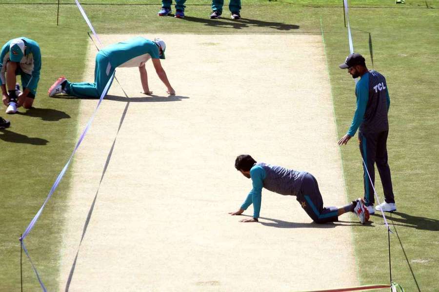 Players inspect the pitch in Rawalpindi stadium 