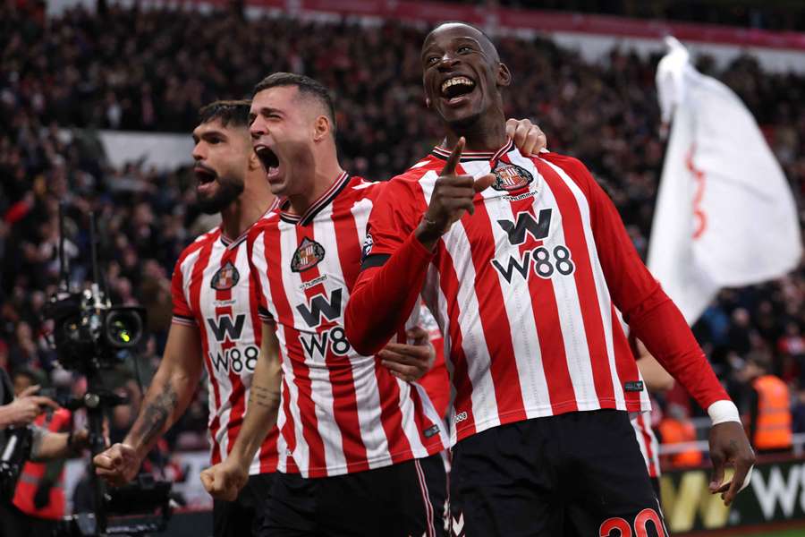 Omar Alderete, Granit Xhaka and Nordi Mukiele celebrate as Sunderland take the lead over Newcastle Omar Alderete, Granit Xhaka and Nordi Mukiele celebrate as Sunderland take the lead over Newcastle
