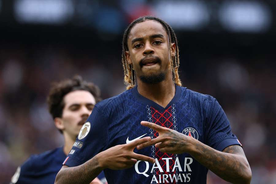 Barcola celebrates scoring PSG's opening goal against Lens