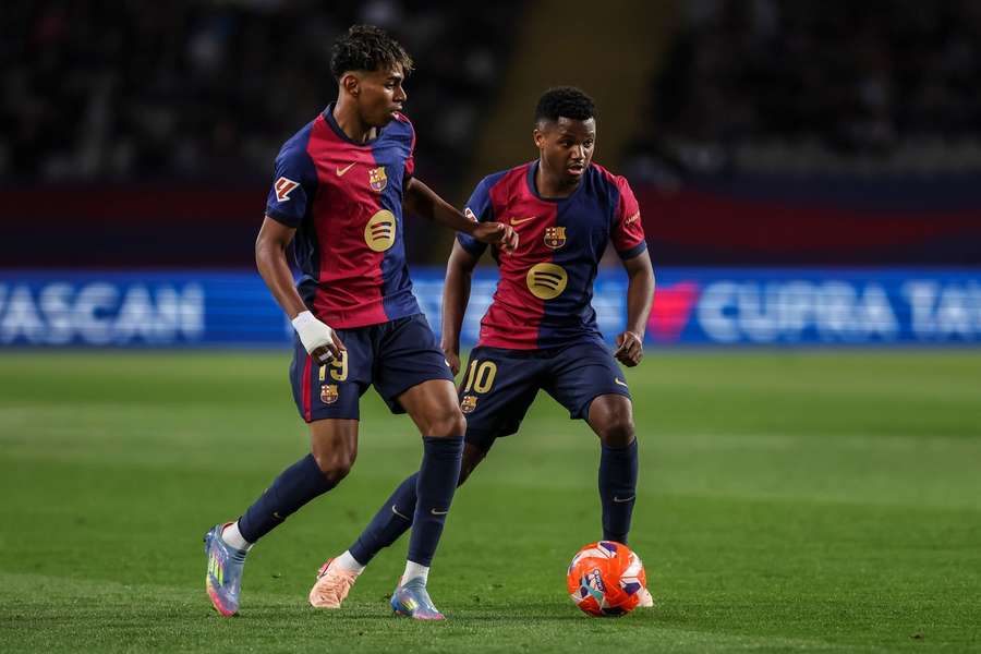Barcelona's Lamine Yamal and Ansu Fati in action against Mallorca