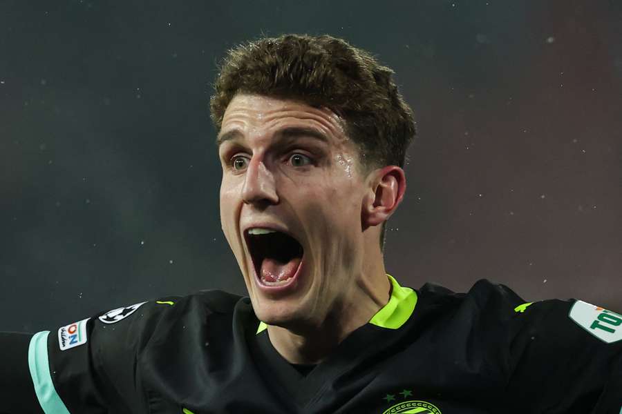 PSV's Guus Til celebrates scoring a goal against Crvena Zvezda in last season's UEFA Champions League
