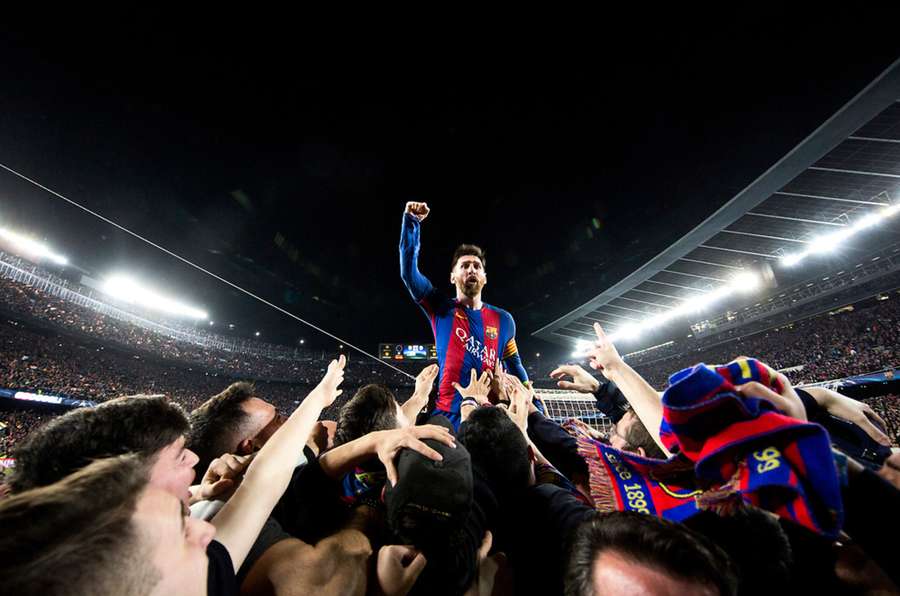 Lionel Messi celebrates La Remontada with fans at Camp Nou Lionel Messi celebrates La Remontada with fans at Camp Nou