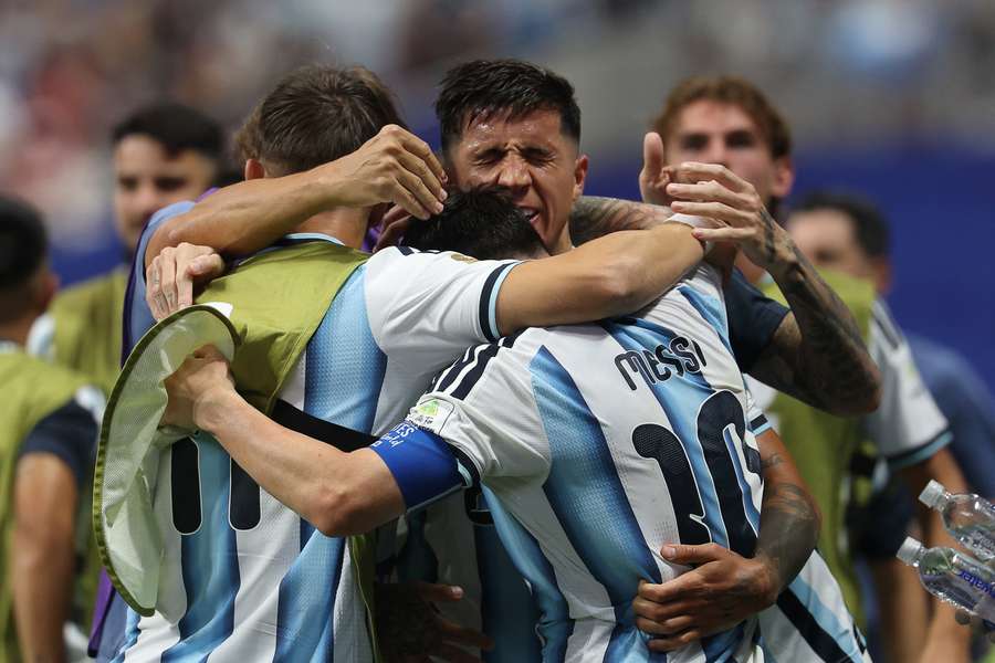 Argentina players, including Lionel Messi and goal scorer Enzo Fernandez (centre) celebrates the win over Egypt Argentina players, including Lionel Messi and goal scorer Enzo Fernandez (centre) celebrates the win over Egypt