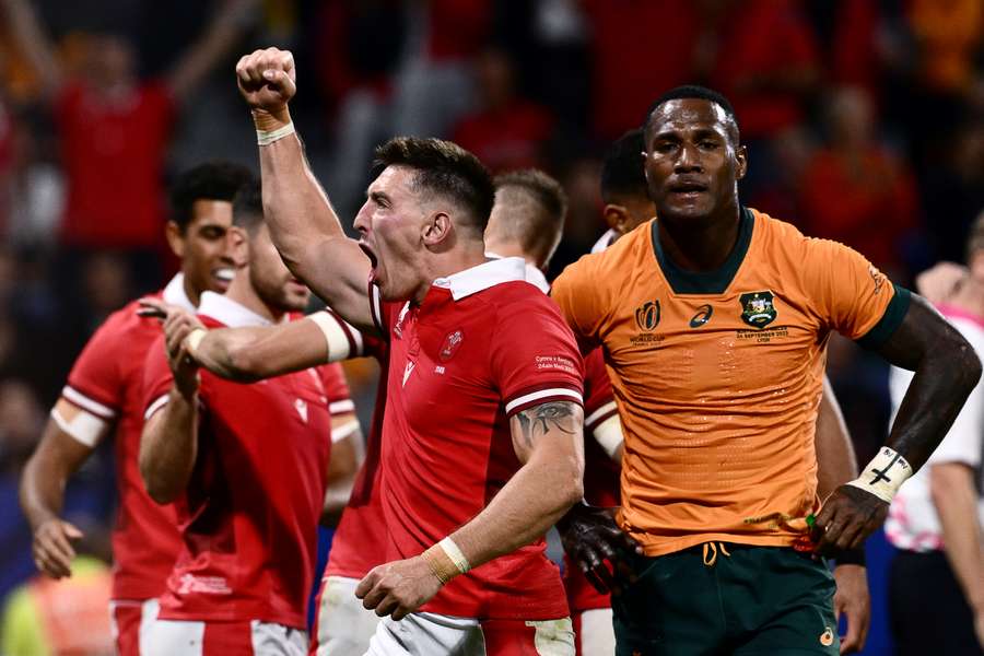 Wales' lock Adam Beard (C) celebrates at the end of the France 2023 Rugby World Cup Pool C match against Australia