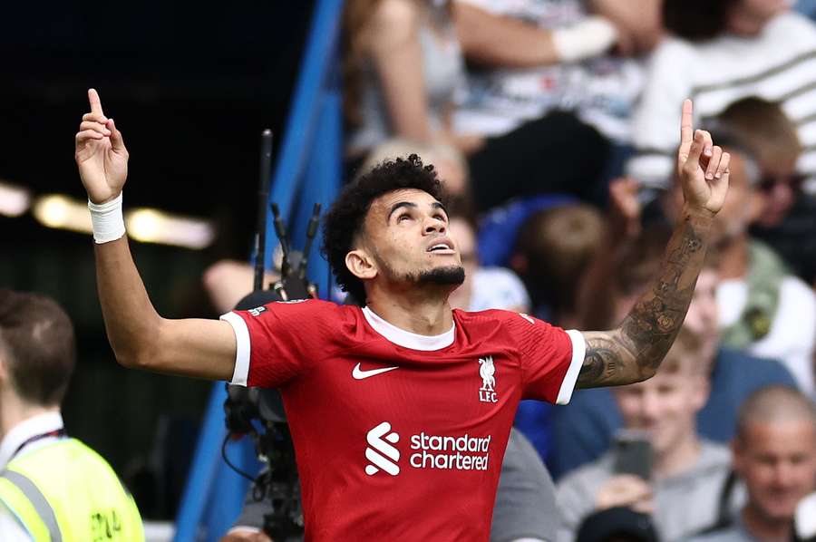 Liverpool's Colombian midfielder #07 Luis Diaz celebrates scoring the opening goal