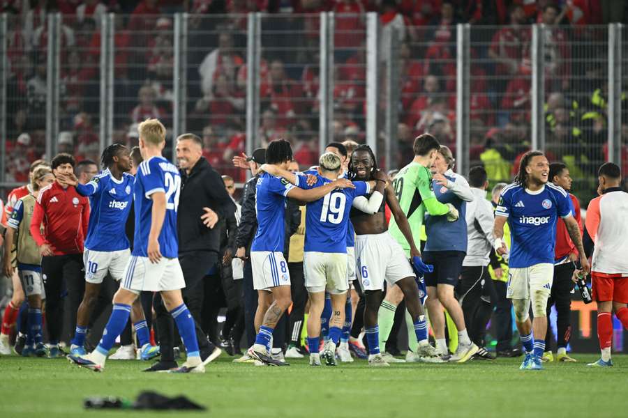 Strasbourg celebrate qualifying for the semi-finals of the UEFA Conference League.