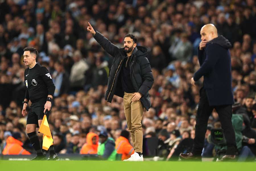 Ruben Amorim gestures during United's win over their Manchester rivals